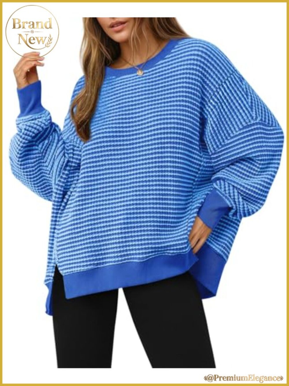 Waffle Knit Oversized Sweatshirt Long Sleeve Crew Neck Tunic Side Split